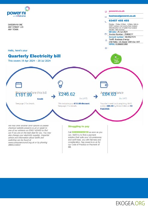 Modèle Word et PDF de facture de services publics d'entreprise Power Ni du Royaume Uni